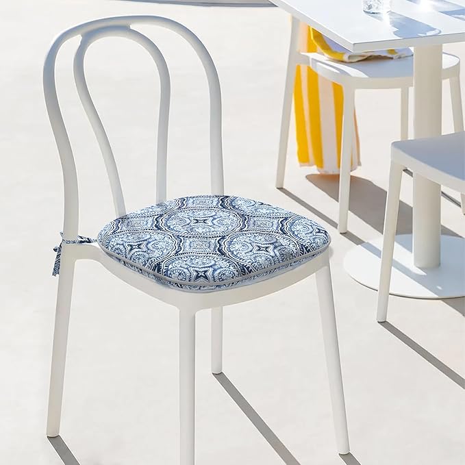 Indoor/Outdoor Chair Cushions 16x17 Inch, Patio Chair Cushions with Ties, All Weather Seat Cushions for Patio Furniture Home Garden Chair Use, Set of 4,Medallion Blue-VerdiqueGarden
