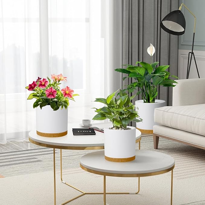 10/8/6 inch Deep Plant Pots, 3 Pack Cylindrical Large Flower Pots for Outdoor Indoor Plants, Tall Plastic Planters with Drainage Holes and Saucers for Garden House Plants, White with Brown-VerdiqueGarden