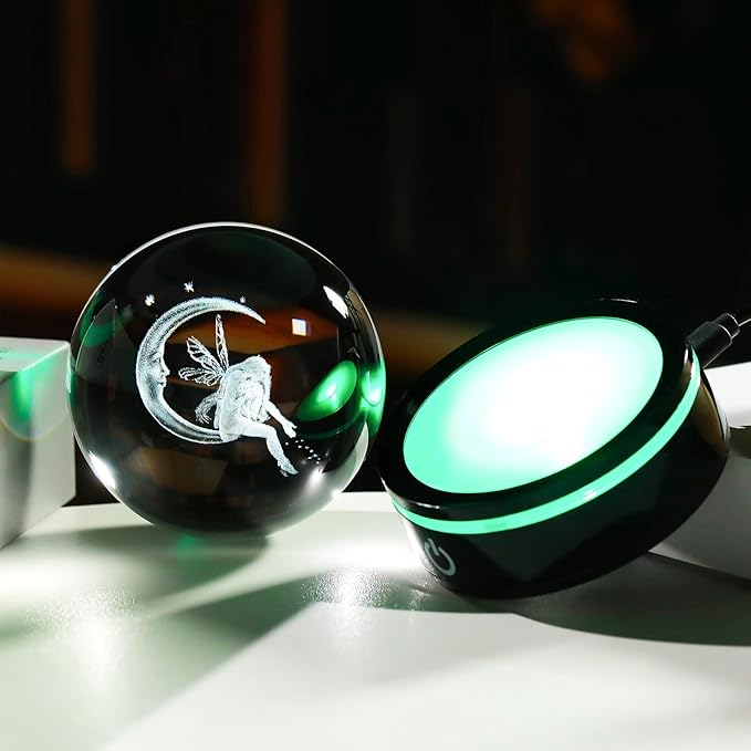 YWHL 3D Moon Fairy Figurine Crystal Ball with Colorful Light Base, Fairy Gifts for Women Girls on Christmas Birthday, 3D Laser Engraved Elf Full Sphere Glass Decorative Ball for Home Office (80mm)-VerdiqueGarden