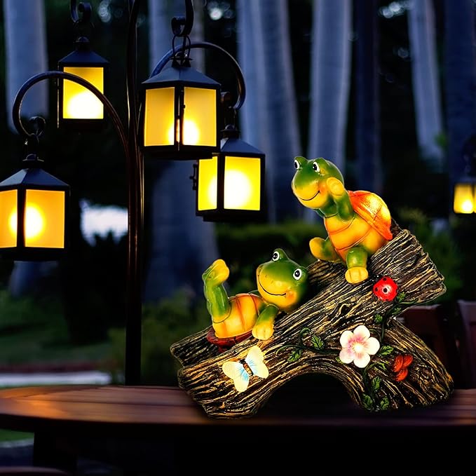 Garden Turtle Figurines Outdoor Decorations, Solar Statue Sweet Frog Face Turtles Decor with 4 LED Lights, Unique Garden Art Resin Statue Gifts for Patio Lawn Porch Yard-VerdiqueGarden