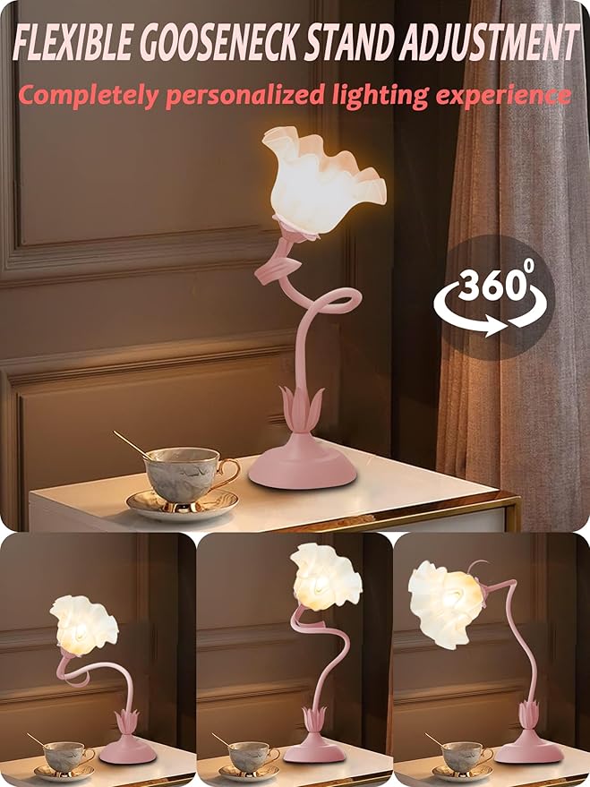 Flower Table Lamp,LED Reading Light Bedside Vintage Flower Night Light,3 Colors Modes Kawaii Bedside Lamps Decor,Living Room Bedroom Room Lighting Table Lamps Home Decoration (Pink)-VerdiqueGarden