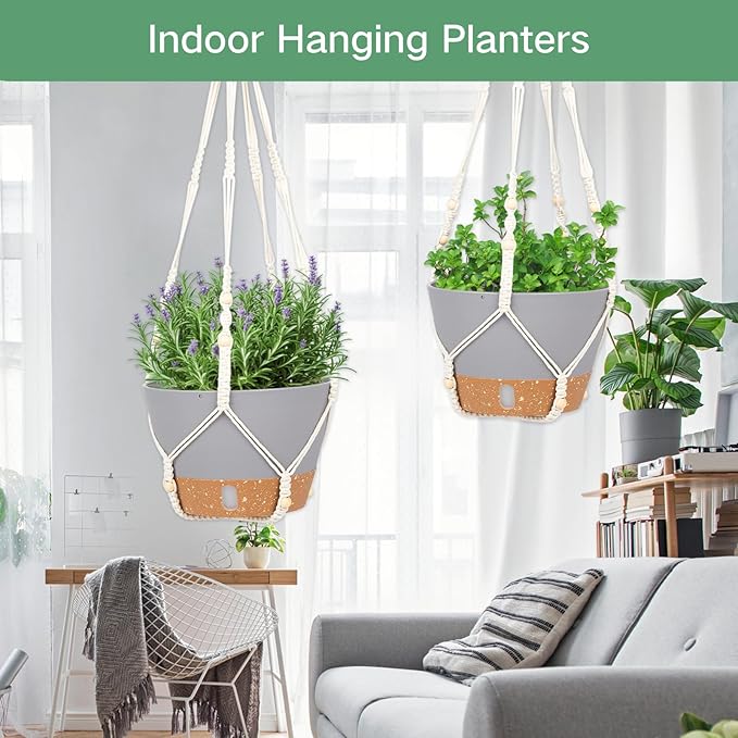 QCQHDU 2 Pack Hanging Planters for Indoor Plants, Outdoor Hanging Baskets, Self Watering Pots with Drainage Holes & Removable Tray (Light Grey, 10 inch, Macrame Hanger)-VerdiqueGarden