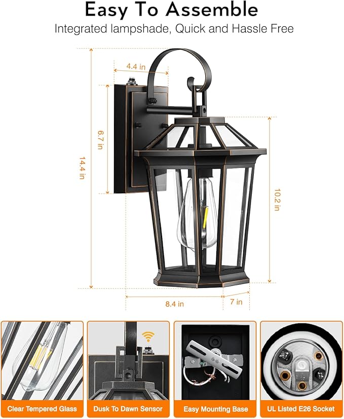 VIANIS Dusk to Dawn Outdoor Wall Lighting, Black Waterproof Exterior Lighting Fixtures for House, 100% Anti-Rust Aluminum Modern Outside Coach Light Fixture Wall Mount for Porch, Garage, Front Door-VerdiqueGarden