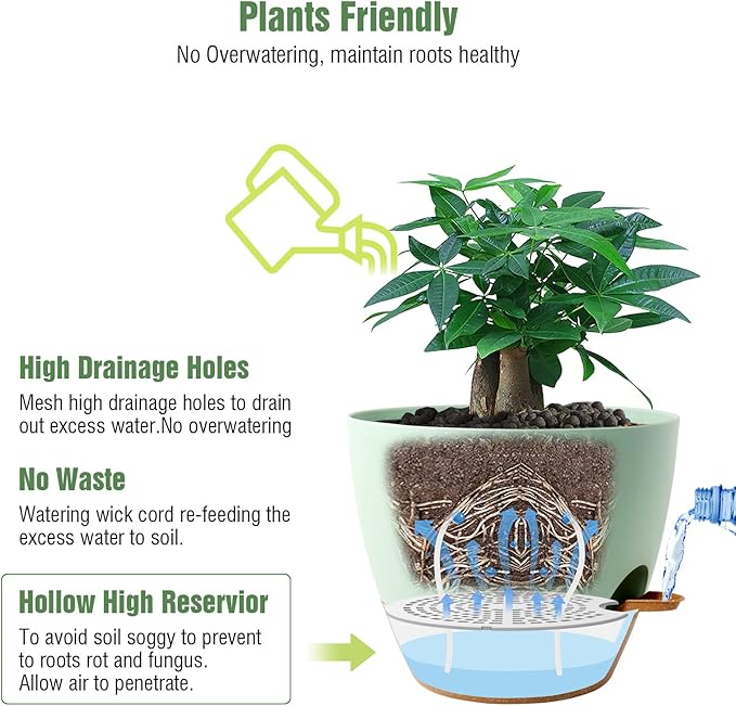 12 inch Large Self Watering Pots, Plastic Planters with 60oZ Removable Deep Reservoir and Multi Mesh Drainage Holes for Indoor Outdoor Garden Plants and Flowers, Green with Brown-VerdiqueGarden