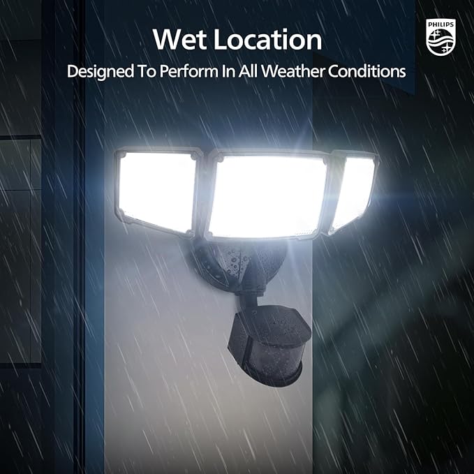 Philips 72W 7400LM LED Security Lights w/PIR Motion Sensor Outdoor, 5000K Daylight Dusk to Dawn Aluminum Flood Light, 3 Adjustable Heads, Waterproof for Garage, Yard, Porch-VerdiqueGarden