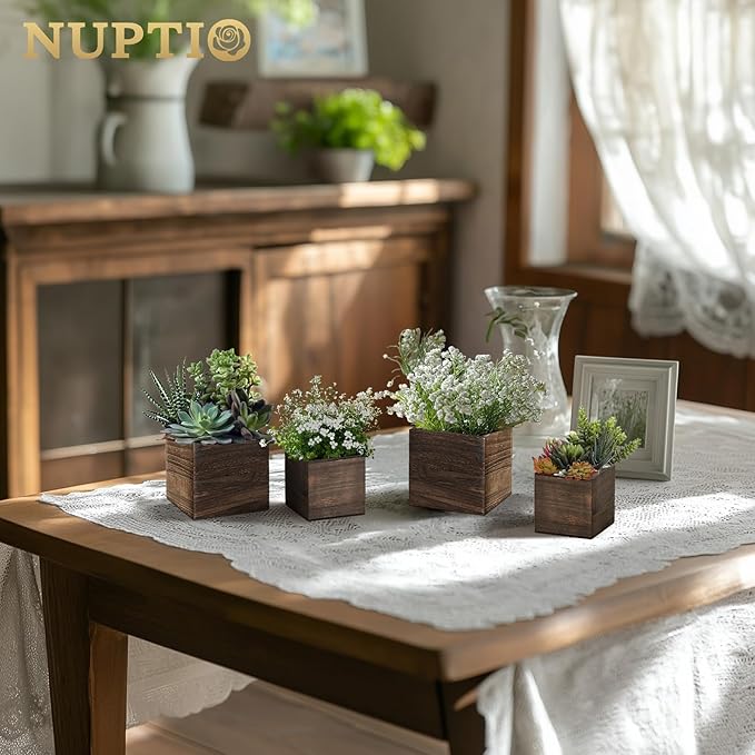 NUPTIO Wooden Box for Centerpiece Wedding: 6 Pcs Rustic Square Planter Box for Christmas Centerpiece Table Fall Decorations - 4×4" & 5×5" Small Wood Vases Flower Pots for Windowsill Home Garden Decor-VerdiqueGarden