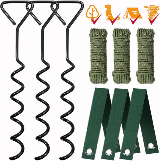 Tree Stake Kits, Tree Stakes and Supports Kits for Hurricane Protection & Bad Weather, Include 3 PCS 15.7" Heavy Duty Spiral Steel Tree Stakes, 3 PCS 15.8" Tree Straps and 3PCS 16.4FT Rope-VerdiqueGarden