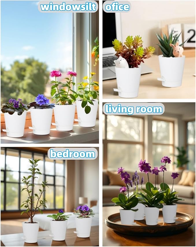 12 Pack 4 Inch Self Watering Plant Pots with Drainage and Saucers，Plastic Flower Pots for Indoor and Outdoor Plants, Nursery Planters for Houseplants and Herbs White, 4 inch 12pcs-VerdiqueGarden