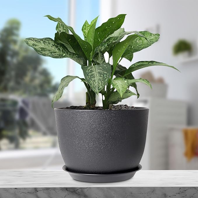 12 inch Large Plant Pots, Plastic Planters with Drainage Holes and Saucers, Flower Pots for Indoor Outdoor Plants, Modern Decorative Pots for Garden House Plants, Black-VerdiqueGarden