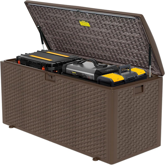 180 Gallon Lockable Deck Box, Waterproof & UV-Resistant Outdoor Storage for Patio Cushions, Heavy Duty Resin Deck Storage Container, Coffee-VerdiqueGarden