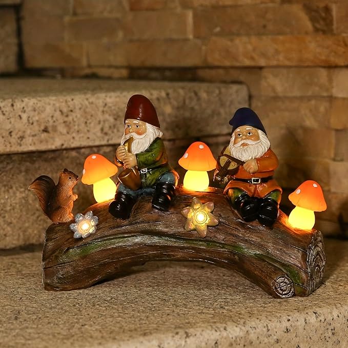 Funny Garden Gnome Statue Solar Powered Mushroom Figurine with Squirrel Gnome Durable Resin Outdoor Decoration for Patio Yard Lawn Ornament Housewarming Gift-VerdiqueGarden