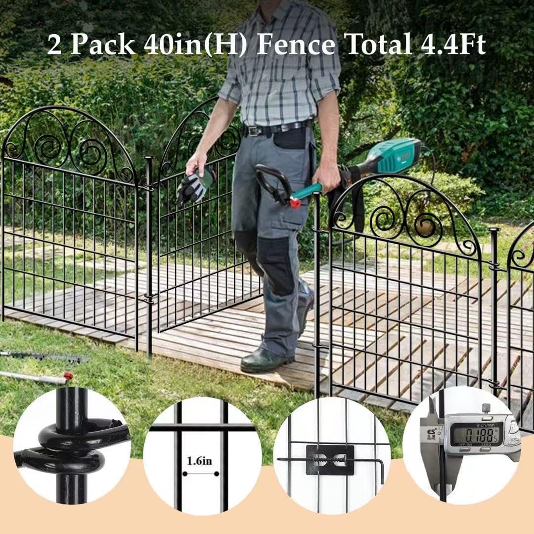 Tall Garden Fence with Gate, 40 Inch(H) 2 Panels Total Length 4.4 Ft Dog Fences Outdoor for Yard, Black Metal No Dig Fencing for Dogs│Patented-VerdiqueGarden