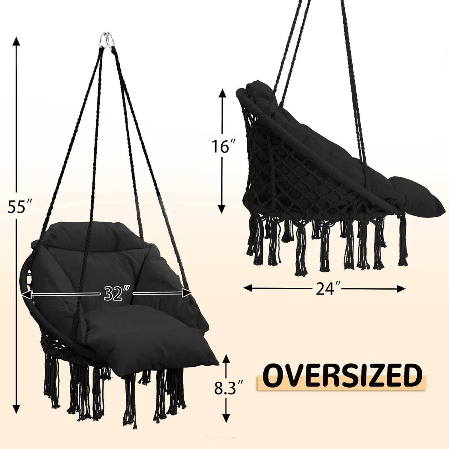 Macrame Hammock Hanging Swinging Chair with Oversized Cushion, Perfect for Bedroom, Porch, Kids, Adults, Balcony, Black-VerdiqueGarden