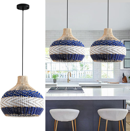 3-Light Rattan Pendant Light 15" Hand-Woven Blue White Wicker Basket Chandelier Boho Faux Rattan Hanging Light,for Living Room Bedroom Kitchen Hallway Dining Farmhouse 1-Pack-VerdiqueGarden