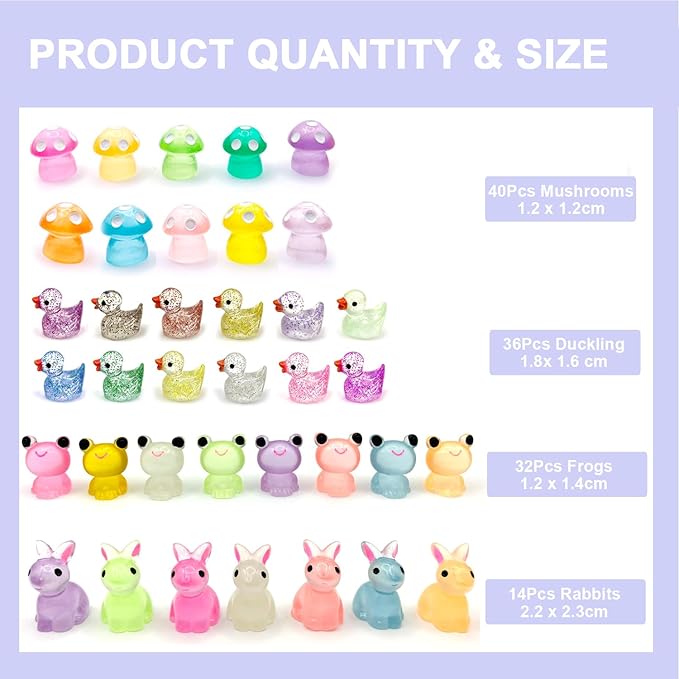 122Pcs Luminous Mini Resin Animal Figurines Glow in The Dark Cute Rabbits Frogs Mushrooms Glitter Ducks 4 Combination Miniature Figurines Set for Office Garden Decoration Aquarium Home Party Decor-VerdiqueGarden