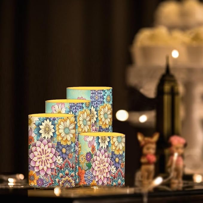 Flameless LED Candles Electric Candles with Remote Timer Control Long Lasting Pillar Candles Tealights Bohemian Style Home Outdoor Decoration Pack of 4, Boho Flower Purple Blue-VerdiqueGarden