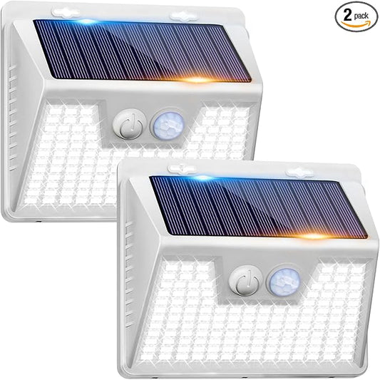 Peasur Solar Powered Lights Outdoor Motion Sensor, 2 Pack 140 LED Fence Light Waterproof, White Frame Security Wall Lighting for Outside Deck Yard Patio House Step-VerdiqueGarden
