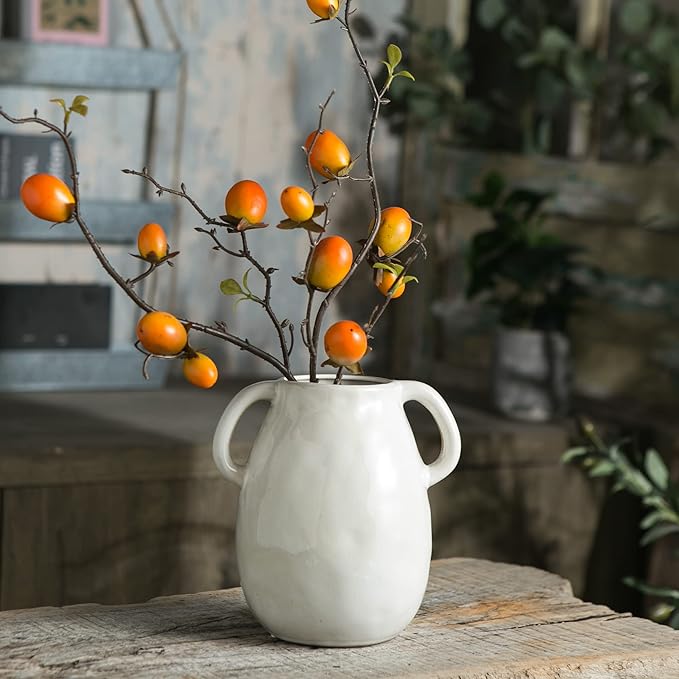 White Ceramic Vase with 2 Handles, Modern Farmhouse Decor, Rustic Terracotta Pottery, Decorative Flower Vases, Clay Small Vase, Centerpiece for Dining Table - 7 Inch Tall-VerdiqueGarden