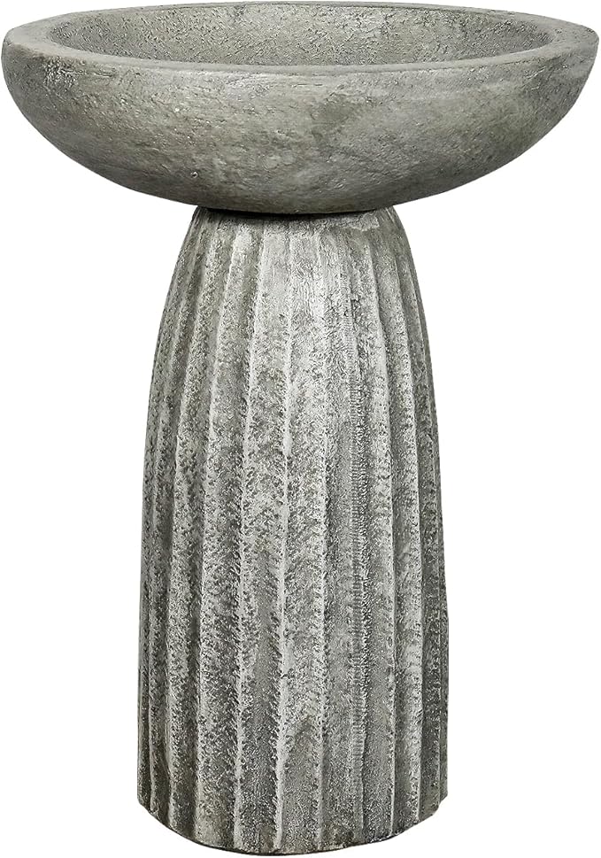 SunJet Modern Bird Bath, 24.4inches Height Fibre-Reinforced Concrete Birdbath with Textured Pedestal for Outdoor Garden, Yard, Lawn Decor-VerdiqueGarden