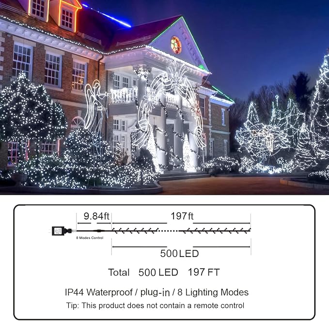 KNONEW 197FT 500 LED Christmas Lights Outdoor String Lights 8 Modes & Memory Fairy Light Plug in Waterproof LED String Lights for Xmas Yard Tree Wedding Party Holiday Decorations (Cool White)-VerdiqueGarden