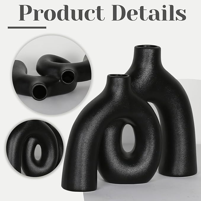 CEMABT Modern Nordic Boho Vase Set - Elegant Black Matte Ceramic Home Decor for Living Room, Bookshelf, Mantel, Entryway Table & Console Décor | Shelf Decorations Gift-VerdiqueGarden