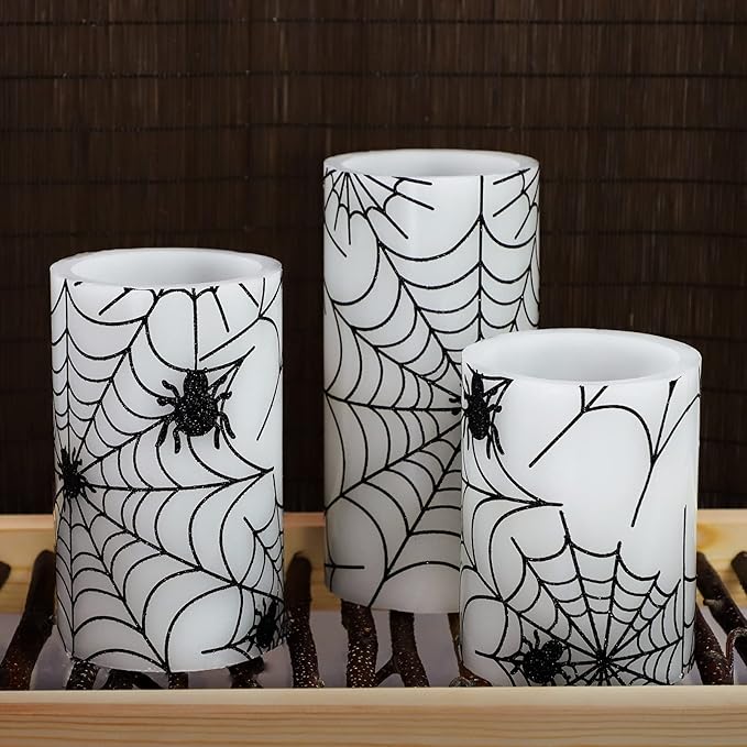 Spider Web Decor Flameless Candles Battery Operated with Remote Timer Haunted House Spooky Decorations Set of 3 Real Wax Black LED Flickering Candles Decorative for Halloween Decor Party-VerdiqueGarden