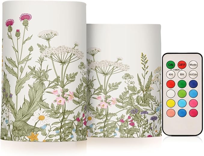 Flickering Flameless Candles, Flowers Herbs Wildflowers Botanical LED Candles with Remote Timer, Set of 2 Battery Operated Candle for Valentine Wedding Birthday-VerdiqueGarden