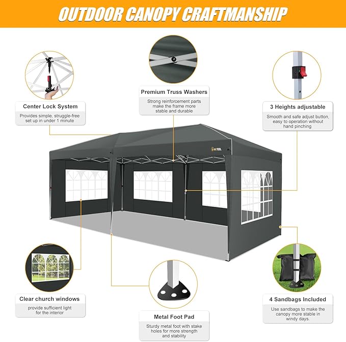 HOTEEL 10x20 Pop up Canopy with 6 Sidewalls, One Push Instant Setup Outdoor Canopy Tent with Reinforce Rod, Weight Bag, for Parties, Events, Gray-VerdiqueGarden