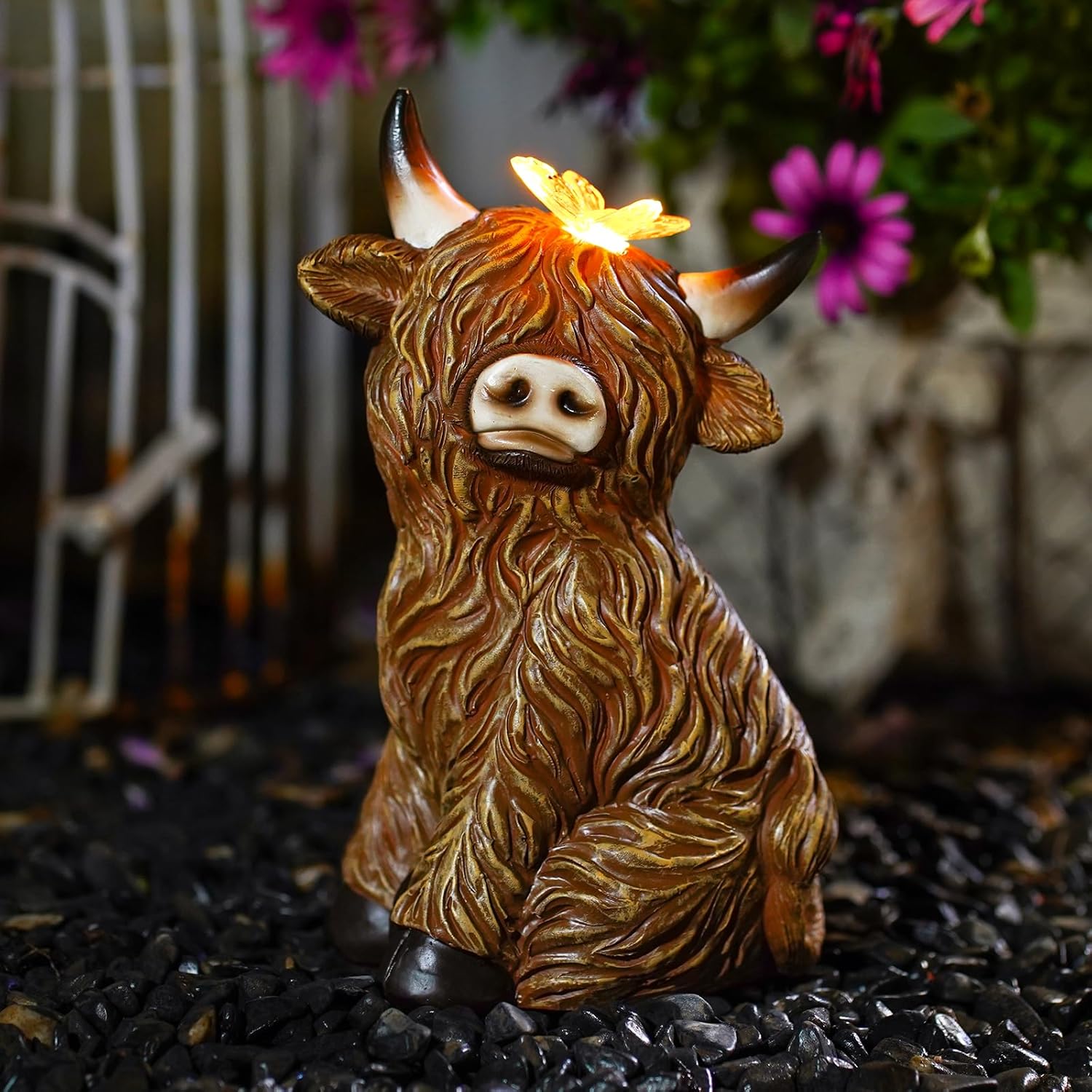 Solar Garden Statue Highland Cow Figurine – Outdoor Decoration with Butterfly for Garden Yard Lawn Home Decor Outside : Unique Gifts for Mom Grandma-VerdiqueGarden