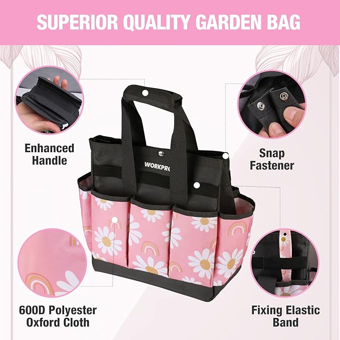 WORKPRO Garden Tool Bag, 9 Pockets Gardening Bag, Heavy Duty Oxford Garden Tote Caddy (Tools NOT Included), 12" x 12" x 6"-Pink Ribbon-VerdiqueGarden