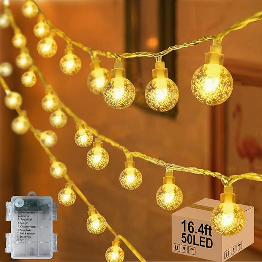 16.4ft 50LED Globe String Lights Indoor Bedroom Battery Operated, Crystal Fairy Lights IP44 Waterproof Outdoor Hanging Decorative Lights for Home Tent Patio Garden Party Wedding Decor-VerdiqueGarden