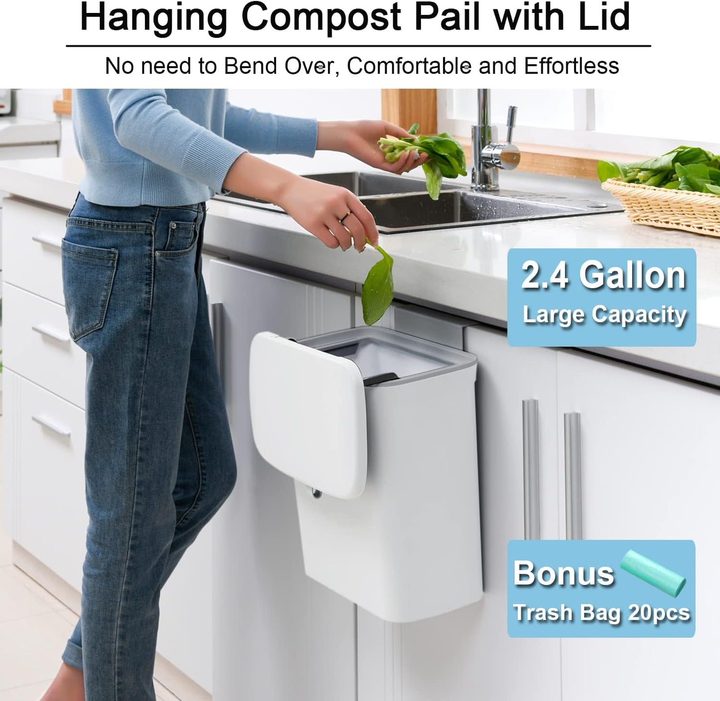 Tiyafuro 2.4 Gallon Kitchen Compost Bin for Counter Top or Under Sink, Hanging Small Trash Can with Lid for Cupboard/Bathroom/Bedroom/Office/Camping, Mountable Indoor Compost Bucket, White-VerdiqueGarden