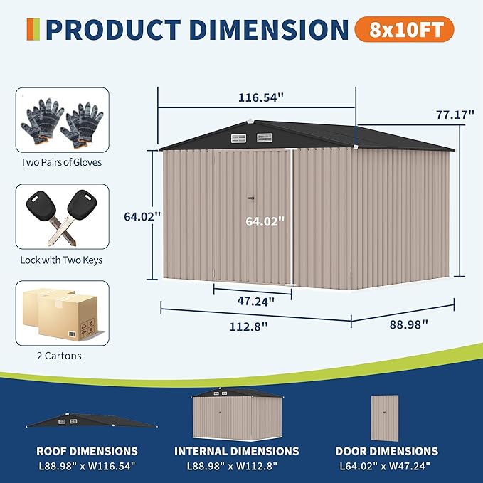 8x10 FT Metal Storage Sheds Outdoor with Floor, Metal Yard Sheds Garden Shed Kit, MetalTool Shed with Lockable Door, Metals UtilitySheds Buildings with Air Vent for Backyard Garden Patio Lawn-VerdiqueGarden