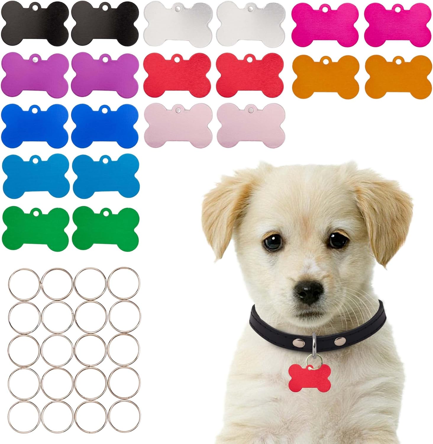 [Press TX Art] 40 Pcs Round(Circle), Bone, Rectangle, Heart Anodized Aluminum Stamping Blanks Tags 10 Mixed Colors Metal Engraving ID Name Tags with Rings (Bone in 10 Colors)-VerdiqueGarden