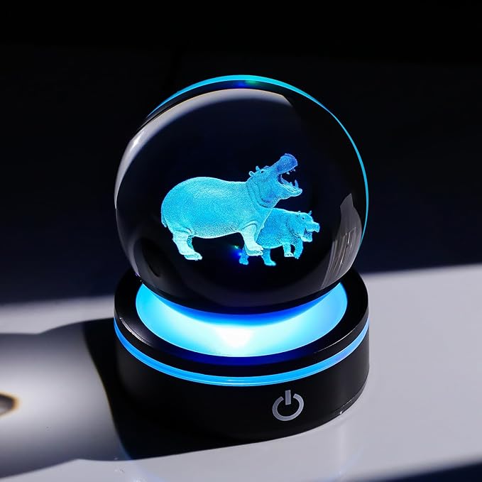 YWHL 3D Hippo Crystal Ball Figurine with LED Base Laser Hippopotamus Gifts for Women Men on Christmas Birthday Decorative Hippo Ball Glass Hippopotamus Globe Night Light for Home Decor (80mm)-VerdiqueGarden