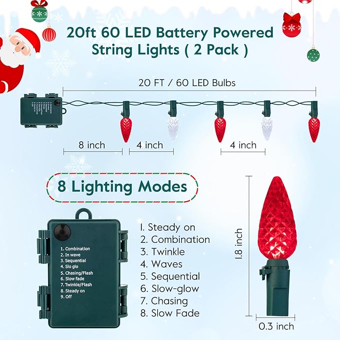 Brightown C6 LED Christmas String Lights - 2 Pack Each 20ft 60LED Battery Operated Strawberry String Lights with Timer and 8 Light Modes for Christmas Trees Wreaths, Indoor Xmas Decor, Red and White-VerdiqueGarden