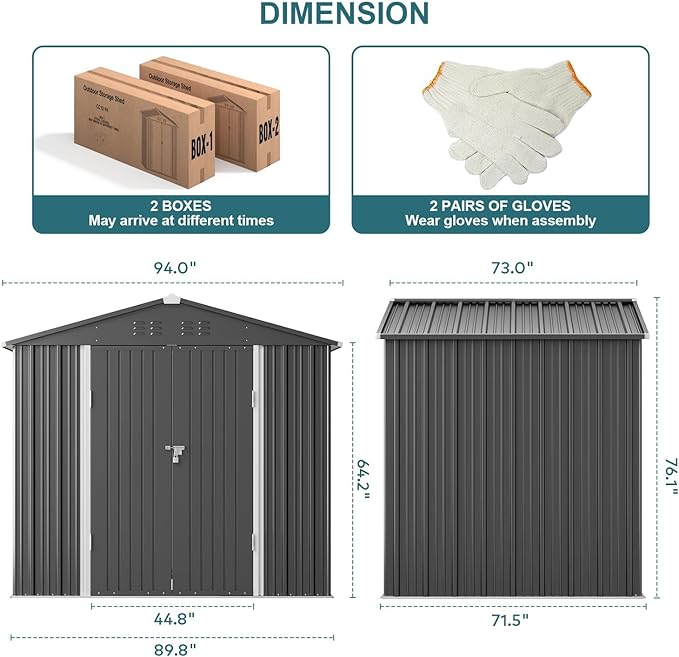 Gizoon Outdoor Storage Shed 8 x 6 FT, Galvanized Metal Garden Shed with Double Lockable Doors, Outdoor Storage Clearance for Backyard Patio Lawn-Dark Grey-VerdiqueGarden