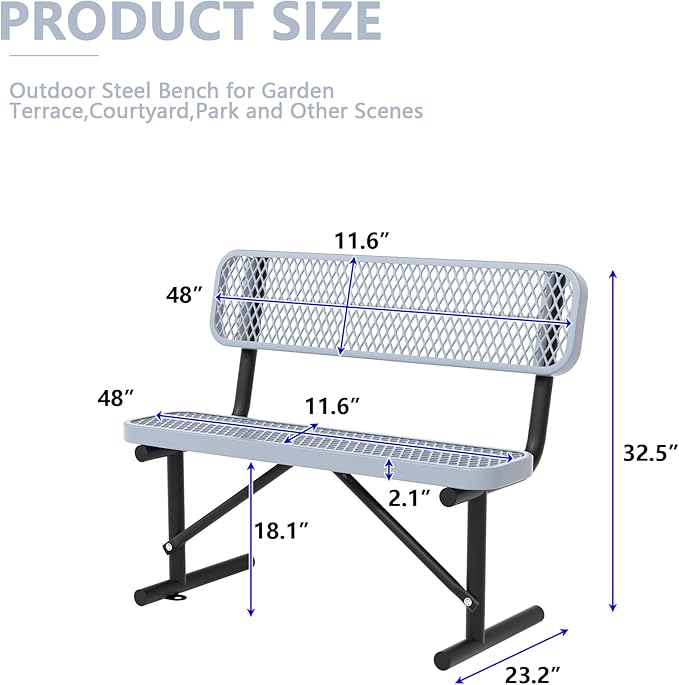 Heavy Duty Park Bench with Back Portable Frame, Outdoor Steel Bench with Backrest, Outdoor Park Bench Expanded Metal Mesh Bench for Lawn, Park, Deck, Garden, Patio, Porch, Black (Gray, 4FT)-VerdiqueGarden