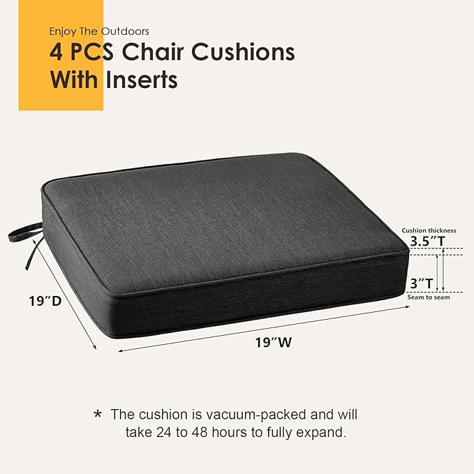 Outdoor Square Corner Seat Cushion, 19"x19"x3", Set of 4, Non Slip Seat Cushion Pads with Removable Cover for Patio Furniture, Garden Yard Lawn, Charcoal Gray-VerdiqueGarden