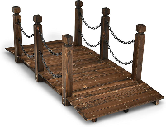 Tangkula 5 FT Wooden Garden Bridge, Arc Footbridge w/Safe Chain Railings, Outside Small Arc Pond Bridge, Decorative Fir Bridge for Landscaping Garden, Pond, Stream, Courtyard, Holds up to 400 LBS-VerdiqueGarden