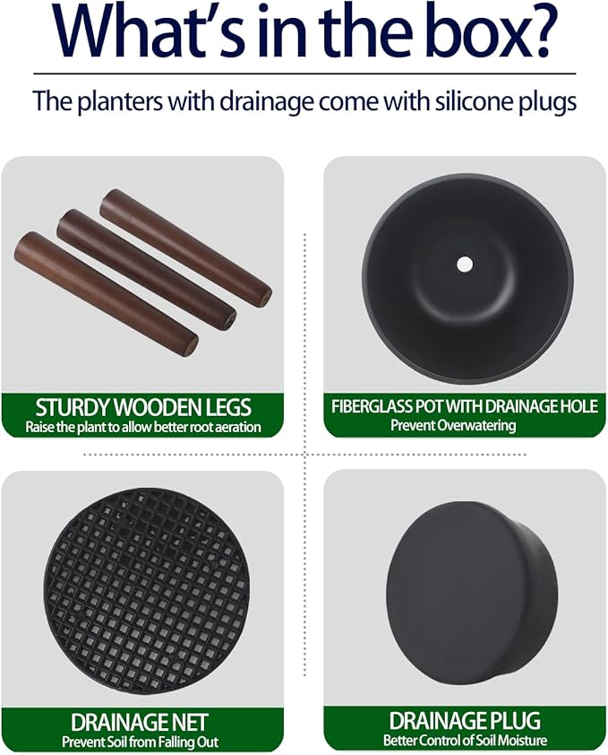 12 Inches Plant Pot with Stand, Large Decorative Standing Planters with Drainage Holes for Indoor Plants, Modern Gray Flower Pots with Legs-VerdiqueGarden