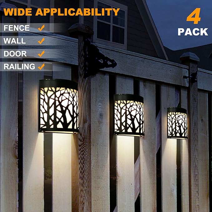 DenicMic Solar Wall Lights Outdoor Wall Sconce Fence Lighting for Patio Front Door Yard Deck Stair Led Forest Decorative Lamps, Waterproof, Warm White/Color Changing (4 Pack)-VerdiqueGarden