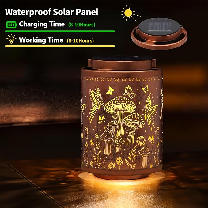 Solar Lanterns Outdoor Waterproof Mushroom Butterfly Garden Decor Gifts for Women Mon Grandma Metal Hanging Solar Lights Decoration for Outside LED Lanterns for Yard Patio Lawn Pathway Landscape-VerdiqueGarden