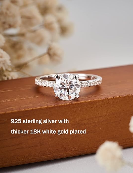 IMOLOVE Solitaire Moissanite Engagement Ring, 1CT D Color VVS1 Clarity, 925 Sterling Silver with 18K White Gold Plated, Ideal Gift for Women