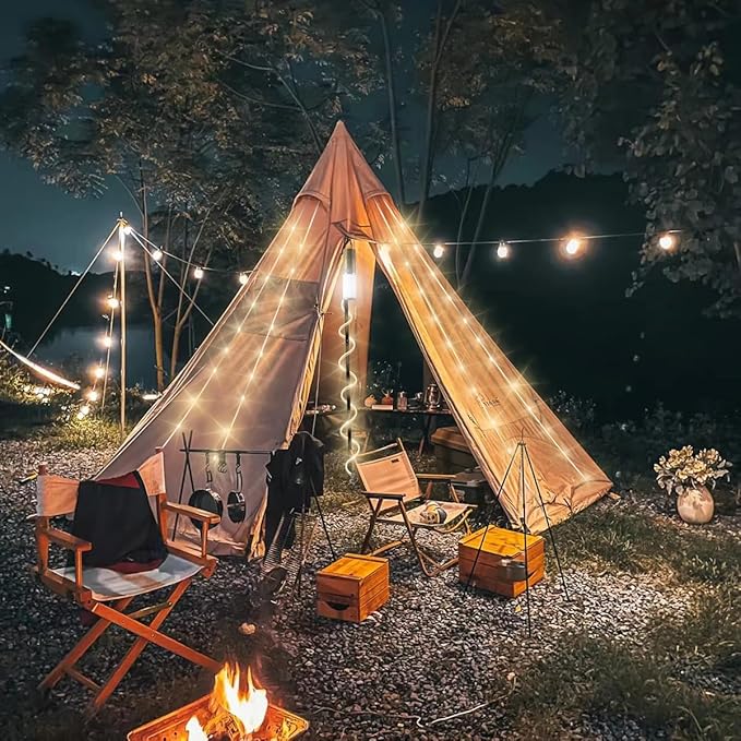 Camping Lantern with 49.2FT String, 2 in 1 Outdoor Warm White String Lights with 4 Modes & 5 Modes Rechargeable Camping Lamp IPX4 Waterproof Portable LED Tent Light for Outdoor Yard Garden Decoration-VerdiqueGarden