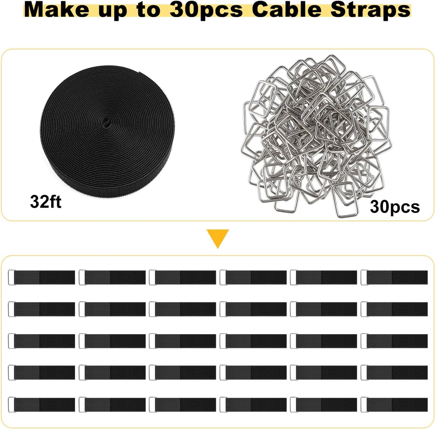 1.5"x32ft Hook and Loop Straps with 30 Metal Buckles, Adjustable Fastening Cable Straps, Cut-to-Length Cinch Strap, Reusable Nylon Securing Cord Ties for Organizer or Storage, Black-VerdiqueGarden