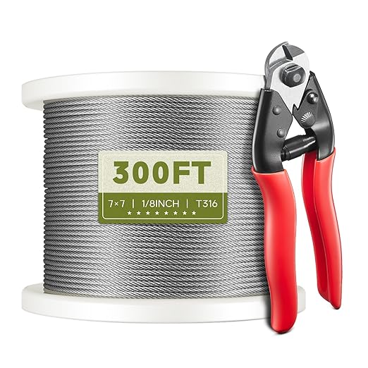 300FT 1/8" T316 Stainless Steel Cable, Wire Rope Aircraft Cable for Deck Cable Fence Railing Kit, and DIY Balustrades, 7x7 Strands Construction, Comes with a Cutter