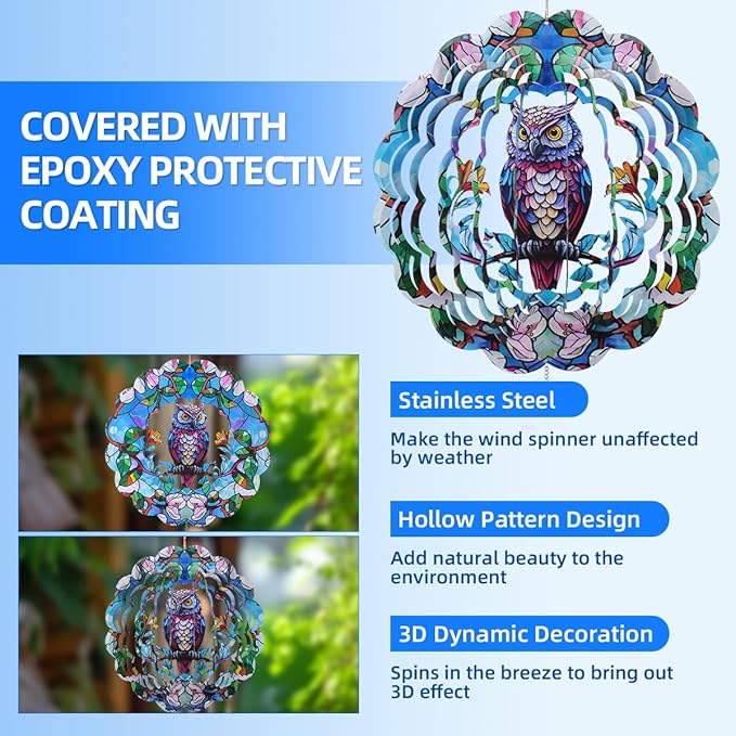 Wind Spinners Outdoor, FACIACC Owl Metal 3D Hanging Garden Decor, 12-inch Stainless Steel Wind Spinner with Tail Spinner, Wind Sculptures for Indoor Patio Lawn Yard, Ornament Gift for Women/Men-VerdiqueGarden