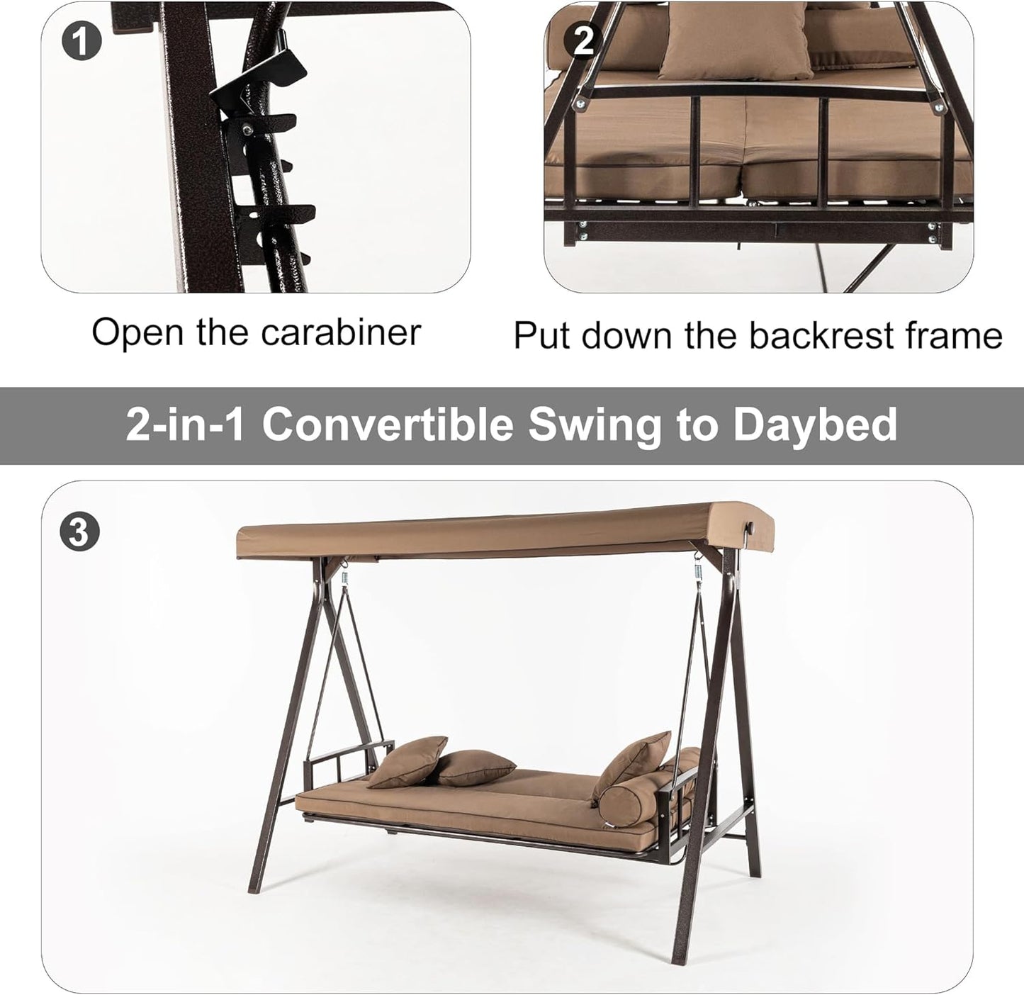 PURPLE LEAF Outdoor Patio Porch Swing Adjustable Backrest, 3-seat Swing Chair with Weather Resistant Steel Frame for Backyard Front Porch Lawn, Cushion and Pillows Included, Beige-VerdiqueGarden