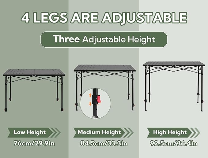 Portable Outdoor Adjustable Height Camping Table, Large for 2-6 Person, Foldable Roll-up Aluminum Camp Table with Carry Bag for Picnic, Camp, Sturdy, Stable, Loads 220 Lbs (Black)-VerdiqueGarden